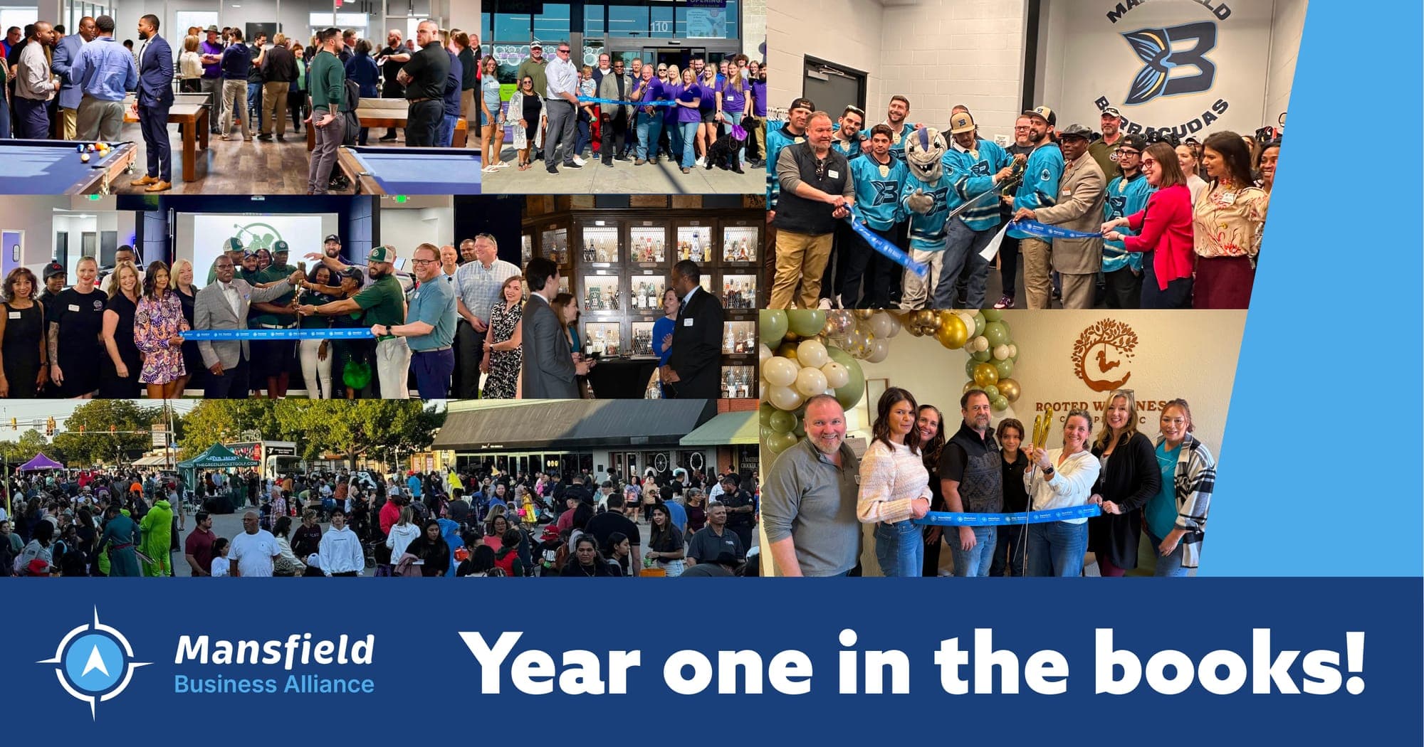 Collage of various ribbon cutting events with a logo and text saying - Year One in the books
